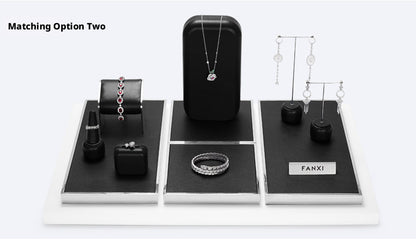 Black Leather Jewelry Display Set with Metal Trays for Rings and Earrings