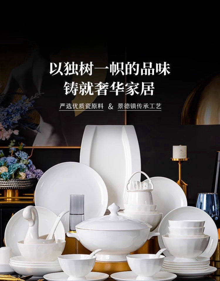 Jingdezhen Luo Wei under glaze color tableware pure white high temperature bone China bowl and dish set household tableware set