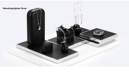 Black Leather Jewelry Display Set with Metal Trays for Rings and Earrings