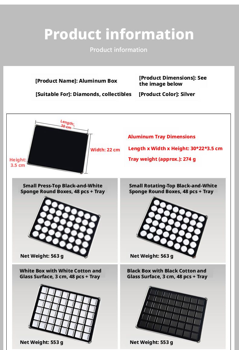 Lightweight Aluminum Tray with Clear Plastic Gemstone Box – Velvet-Flocked Sponge Insert,