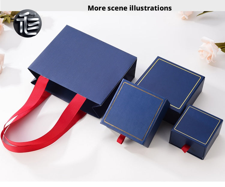 5Pcs Navy Blue Drawer Jewelry Box, Sliding Gift Packaging, Velvet Insert, Gold Trim, Ribbon Pull