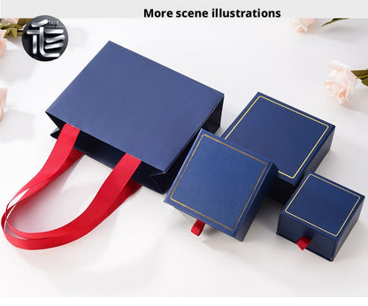5Pcs Navy Blue Drawer Jewelry Box, Sliding Gift Packaging, Velvet Insert, Gold Trim, Ribbon Pull