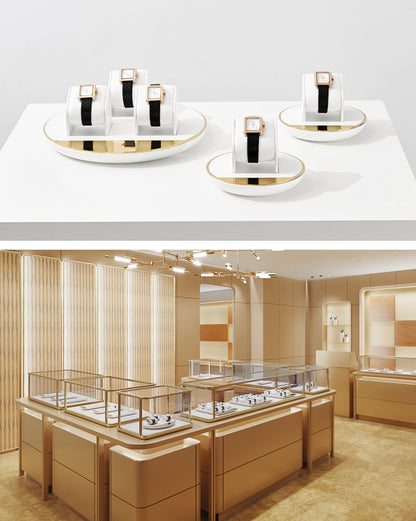 White Leather Jewelry Display Set with Gold Trim for Watch and Ring