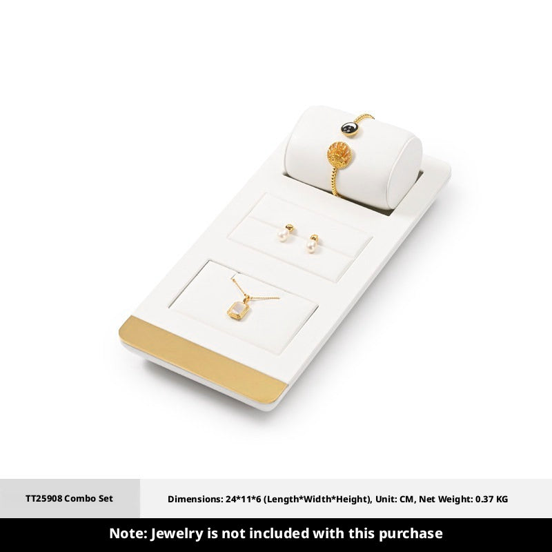 White Leather Jewelry Display Set with Gold Trim for Watch and Ring