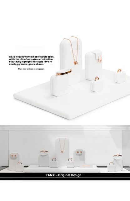 White Suede Jewelry Display Set with Necklace Stand and Ring Holders