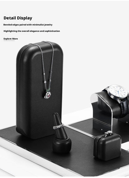 Black Leather Jewelry Display Set with Metal Trays for Rings and Earrings