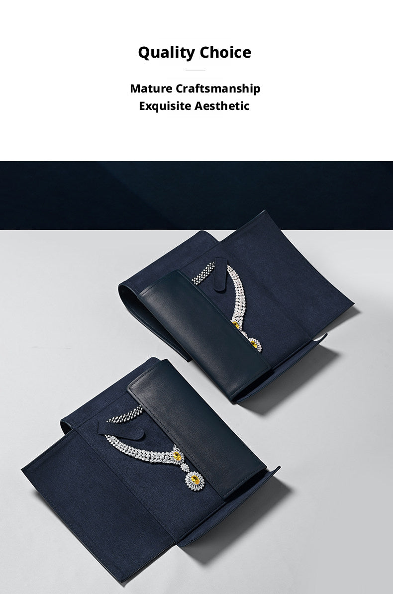 Navy Leather Necklace Organizer with Snap Button for Travel Storage