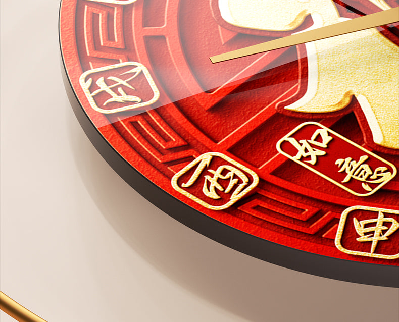 Red Fu clock wall clock living room creative silent clock restaurant decorative painting new Chinese porch atmosphere hanging painting