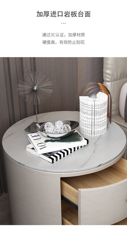 Round nightstand simple modern light luxury high-end leather solid wood network red bedroom small mini rock panel bed side cabinet