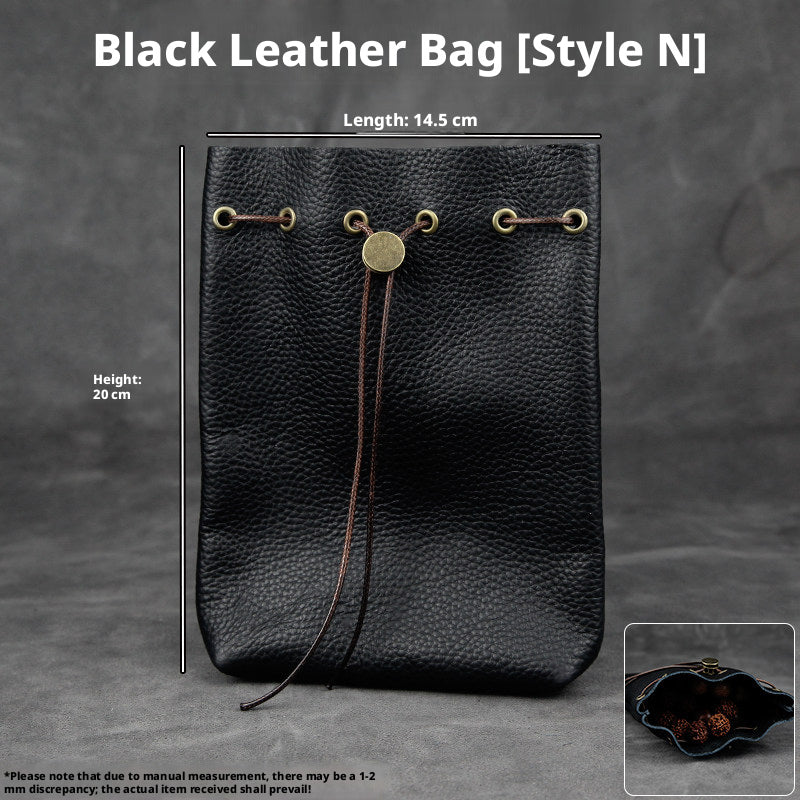 5pcs Genuine Leather Storage Pouch, Waterproof Pebble Cowhide Bag, Snap Drawstring Zipper Closure, Jewelry Organizer