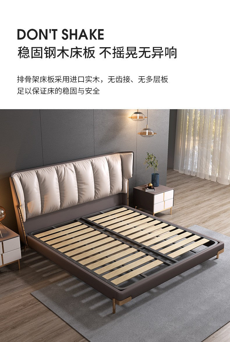 Italian minimalist layer cowhide bed leather bed modern simple light luxury master bedroom solid wood bed floor wedding bed double bed