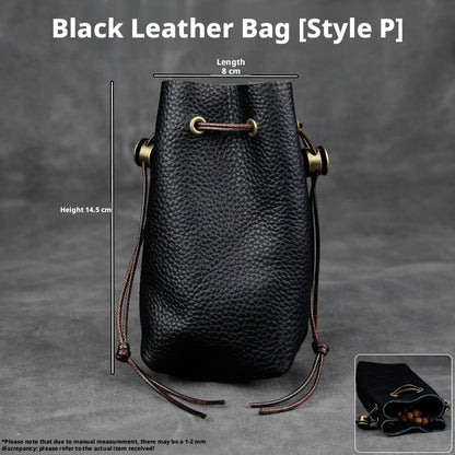 5pcs Genuine Leather Storage Pouch, Waterproof Pebble Cowhide Bag, Snap Drawstring Zipper Closure, Jewelry Organizer