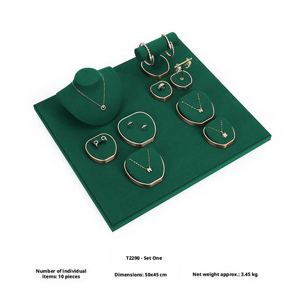 Green Suede and Gold Jewelry Showcase Trays and Necklace Busts