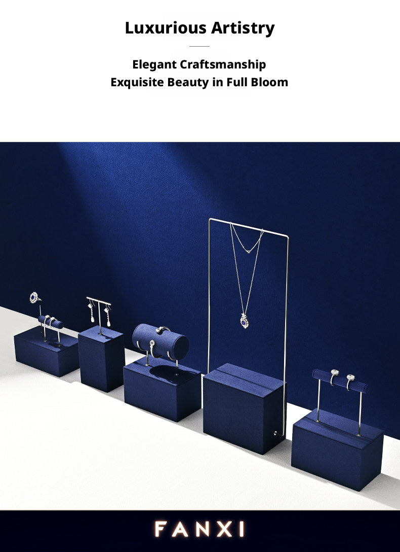 Navy Blue Velvet Jewelry Display Set with Metal Stands for Vendors