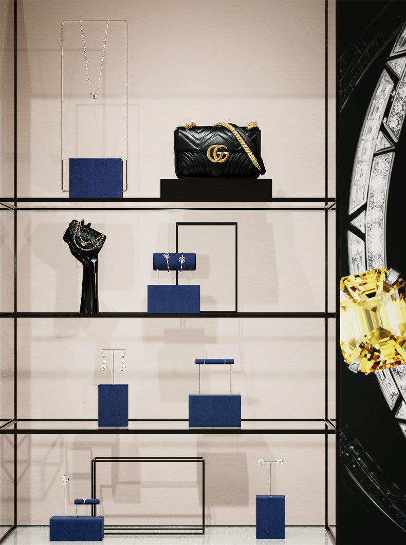 Navy Blue Velvet Jewelry Display Set with Metal Stands for Vendors