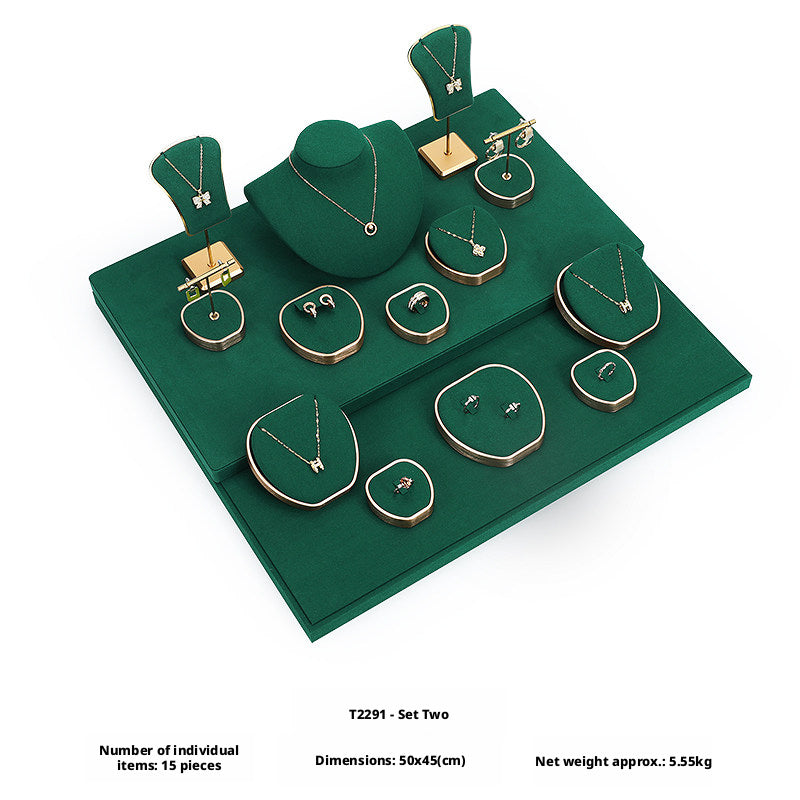 Green Suede and Gold Jewelry Showcase Trays and Necklace Busts