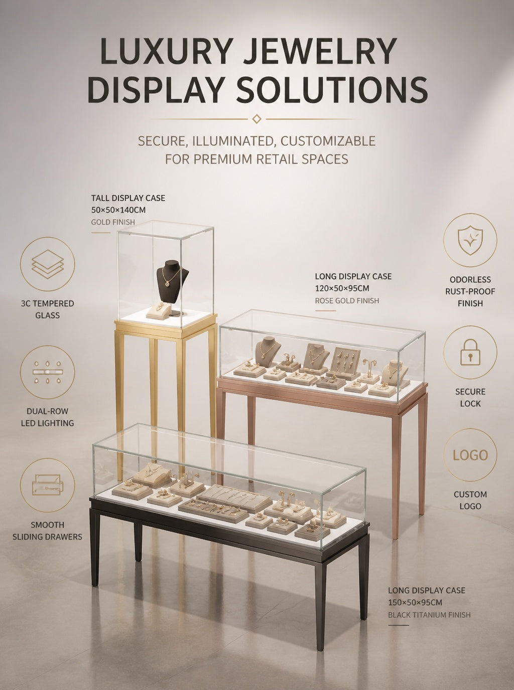 Stainless steel Luxury Jewelry Display Cabinet, Tempered Glass, Dual-Row LED, Gold Finish