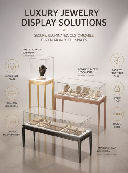Stainless steel Luxury Jewelry Display Cabinet, Tempered Glass, Dual-Row LED, Gold Finish