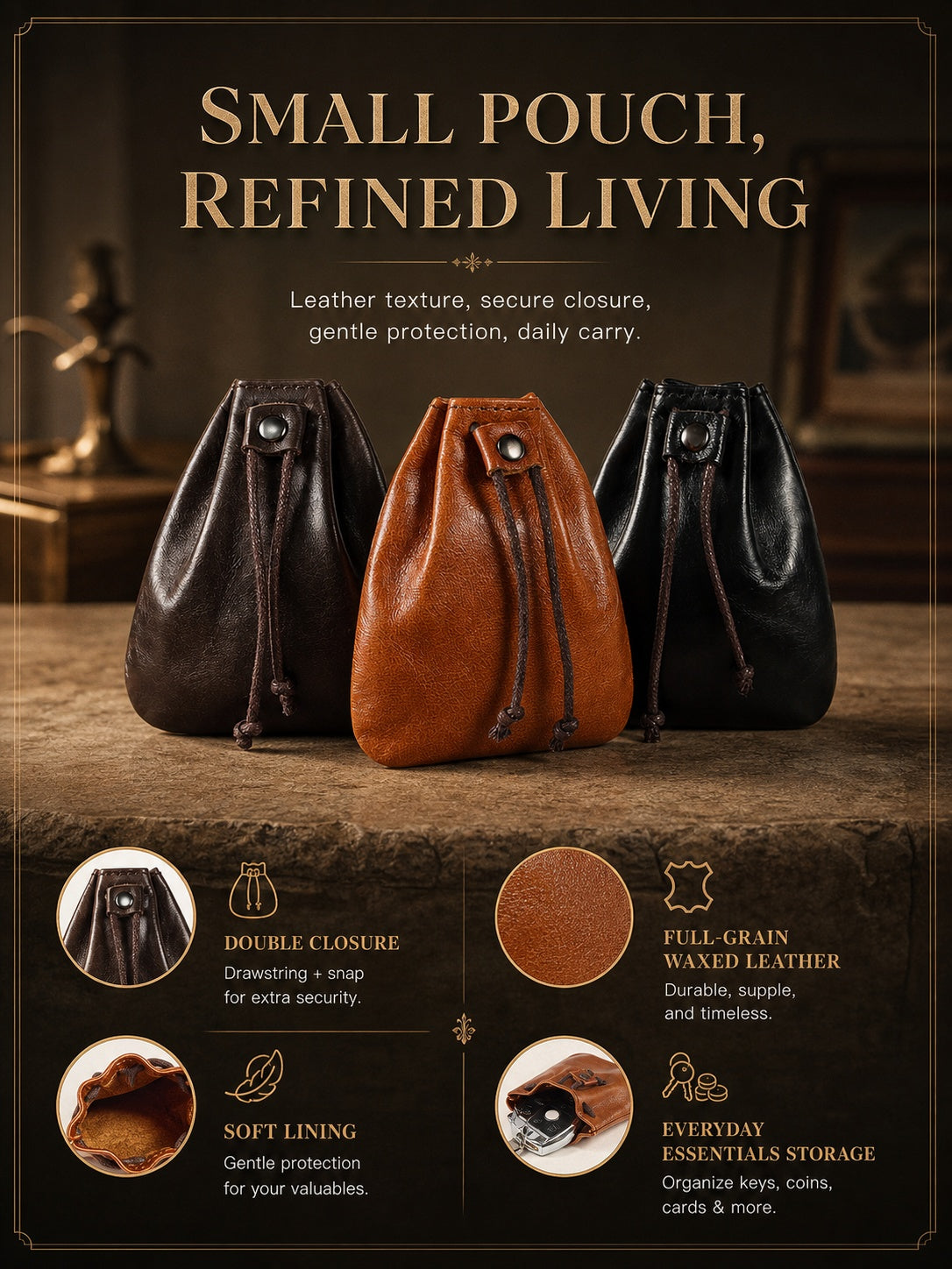 10PCS Handcrafted Waxed Leather Pouch, Vintage Style Drawstring Jewelry Organizer