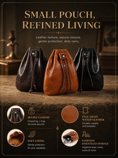10PCS Handcrafted Waxed Leather Pouch, Vintage Style Drawstring Jewelry Organizer