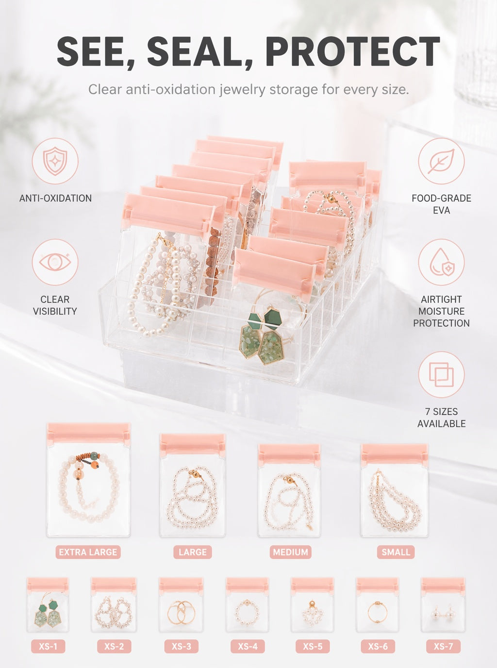 100pcs EVA Jewelry Pouches, Clear Frosted Zip Bags, Anti-Tarnish Storage (7 Sizes)