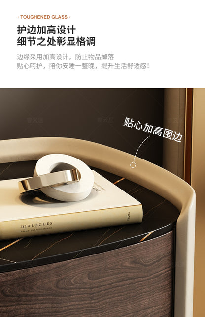 Italian minimalist high-end solid wood bedside table designer oval leather bedside cabinet Modern light luxury rock board locker