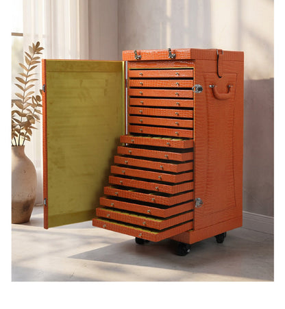 Rolling Jewelry Display Case, Crocodile PU Leather Tray Organizer Trunk, 16-Tier Storage