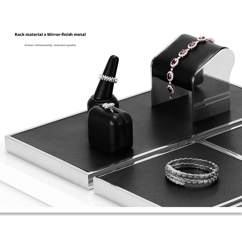 Black Leather Jewelry Display Set with Metal Trays for Rings and Earrings
