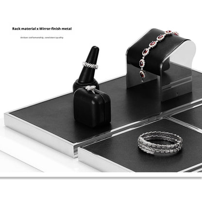 Black Leather Jewelry Display Set with Metal Trays for Rings and Earrings