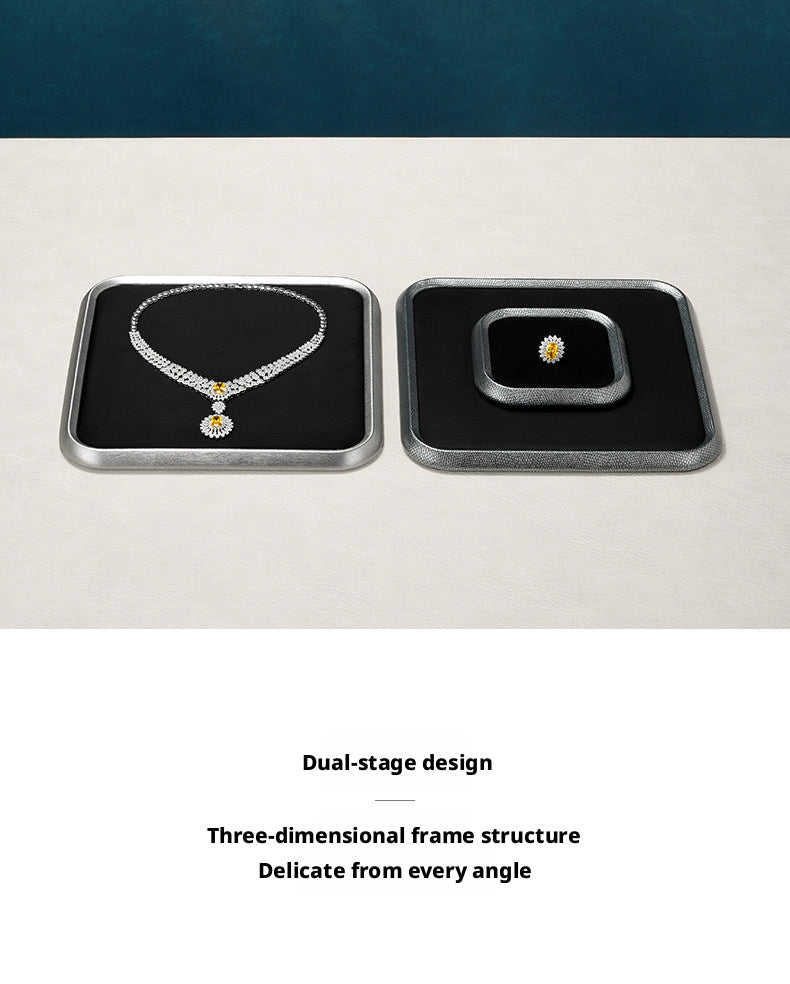Silver Metal Jewelry Tray with Black Velvet for Ring and Necklace Display