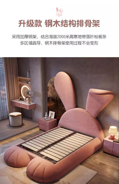 Light luxury children pink princess bed cartoon rabbit modern simple multi-functional girl bed fabric red solid wood bed