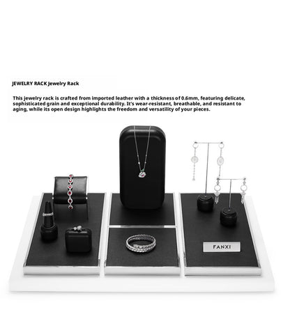 Black Leather Jewelry Display Set with Metal Trays for Rings and Earrings