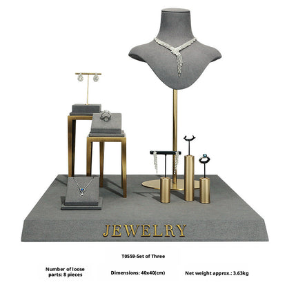 Charcoal Velvet Jewelry Display Set with Gold Metal Backdrop