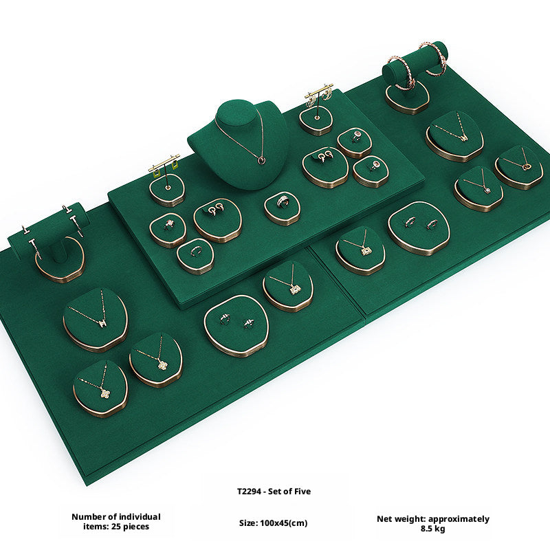 Green Suede and Gold Jewelry Showcase Trays and Necklace Busts