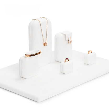 White Suede Jewelry Display Set with Necklace Stand and Ring Holders