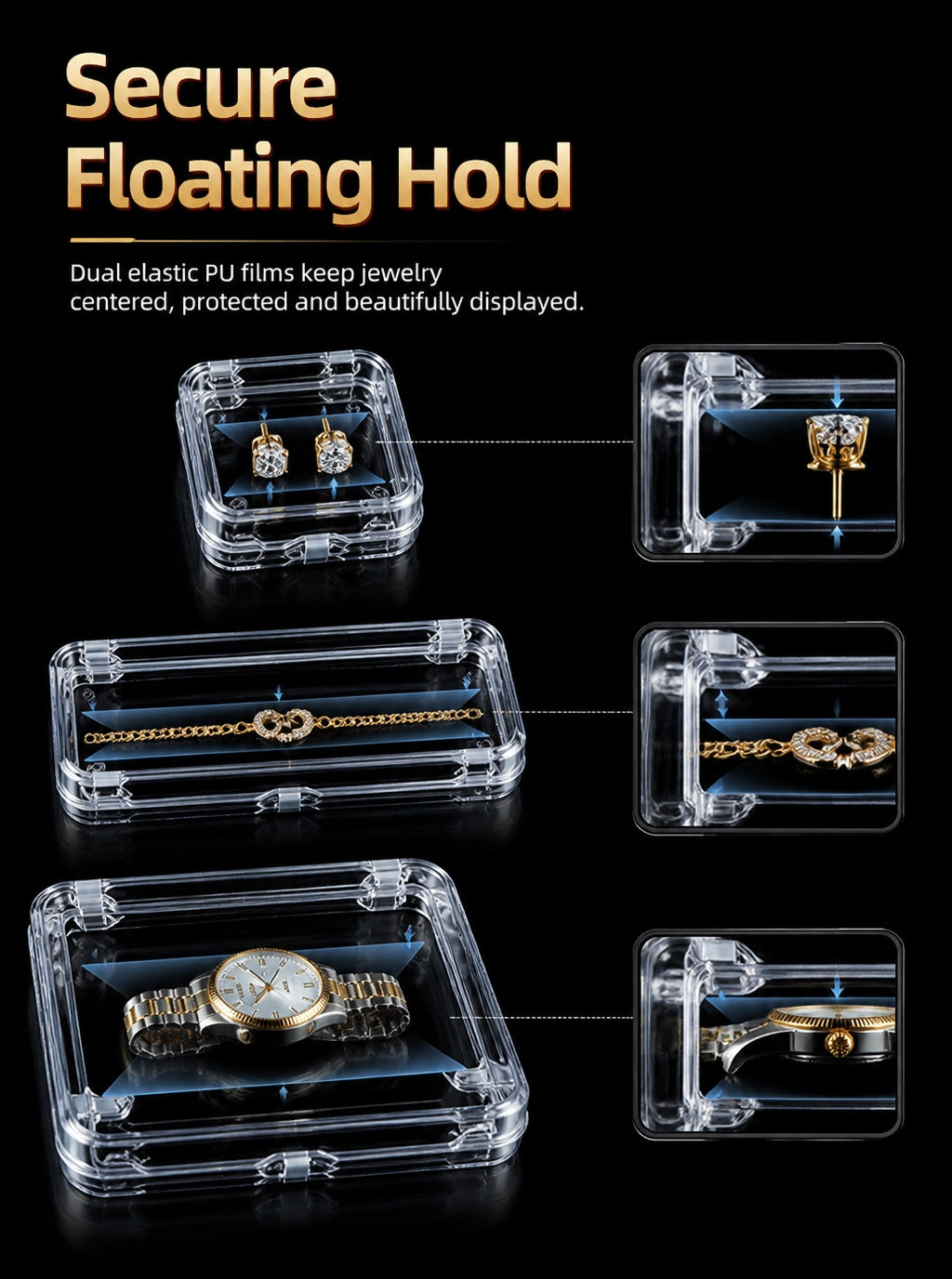 5pcs Clear PS Jewelry Display Box, Floating Gemstone Storage Case, Acrylic Packaging for Rings Earrings
