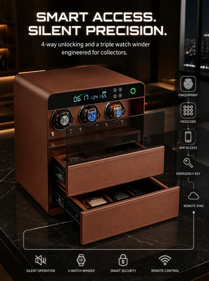 Luxury Leather Watch Winder Safe, Steel Security Case, 3-Slot Automatic Winder