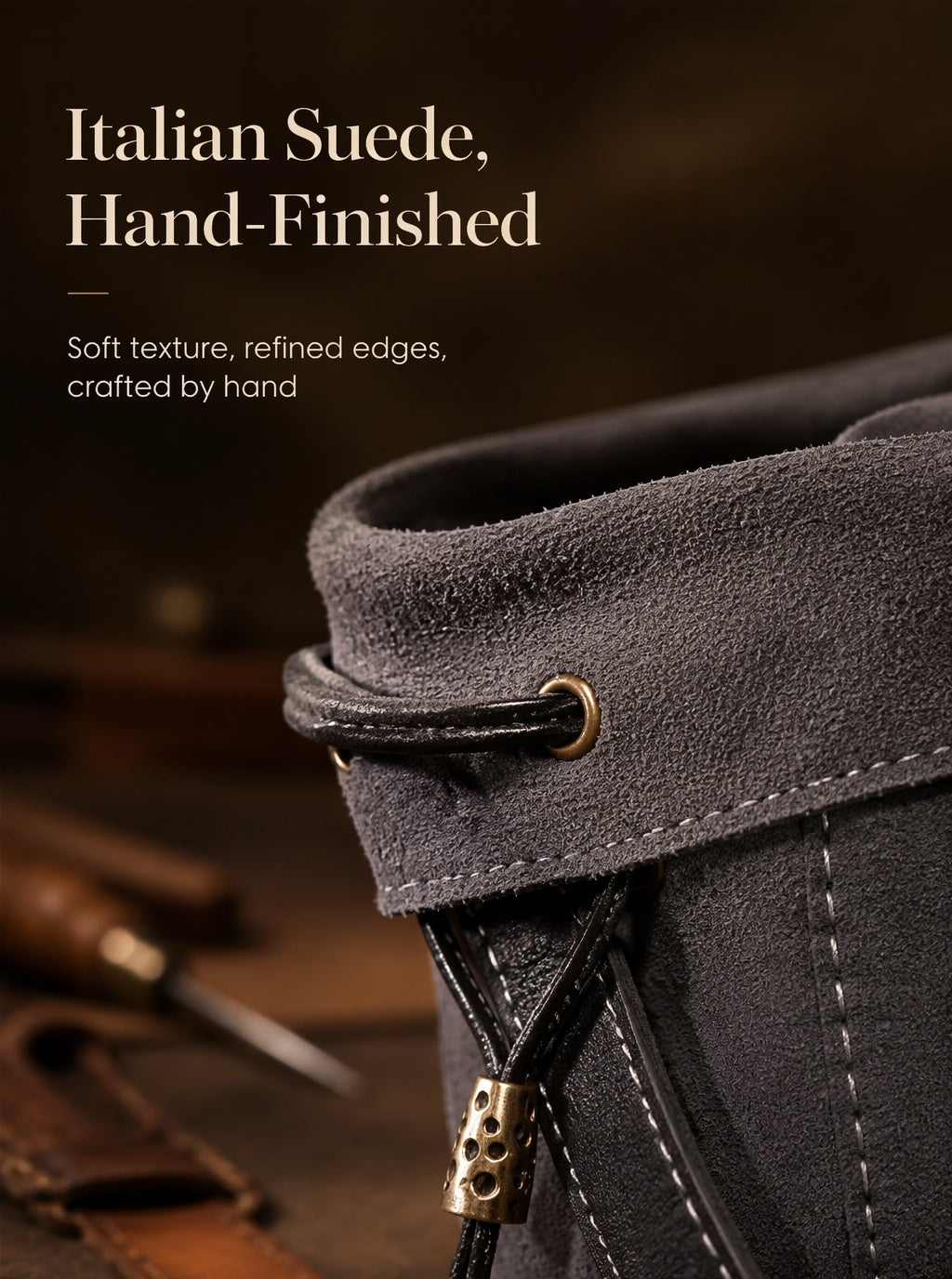 Handcrafted Suede Drawstring Pouch, 4-Section Jewelry Organizer, Anti-Tangle Bead Storage Bag with Leather Handle