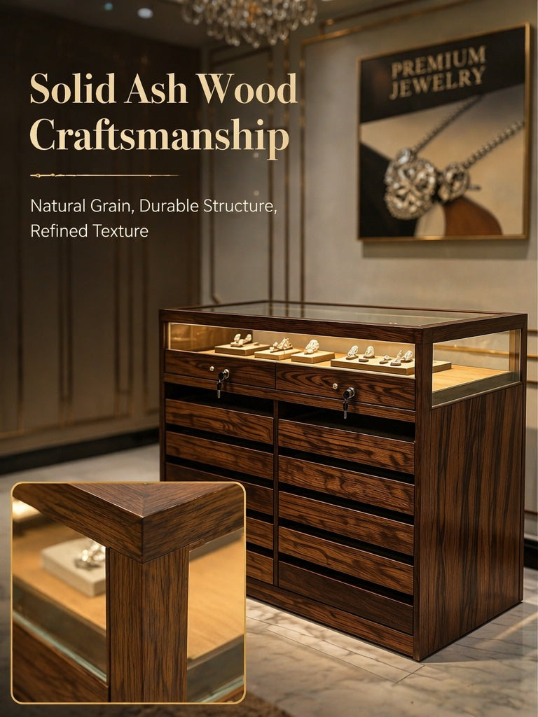 Solid Ash Wood Jewelry Display Case – Tempered Glass, LED Lighting, Lockable Drawers