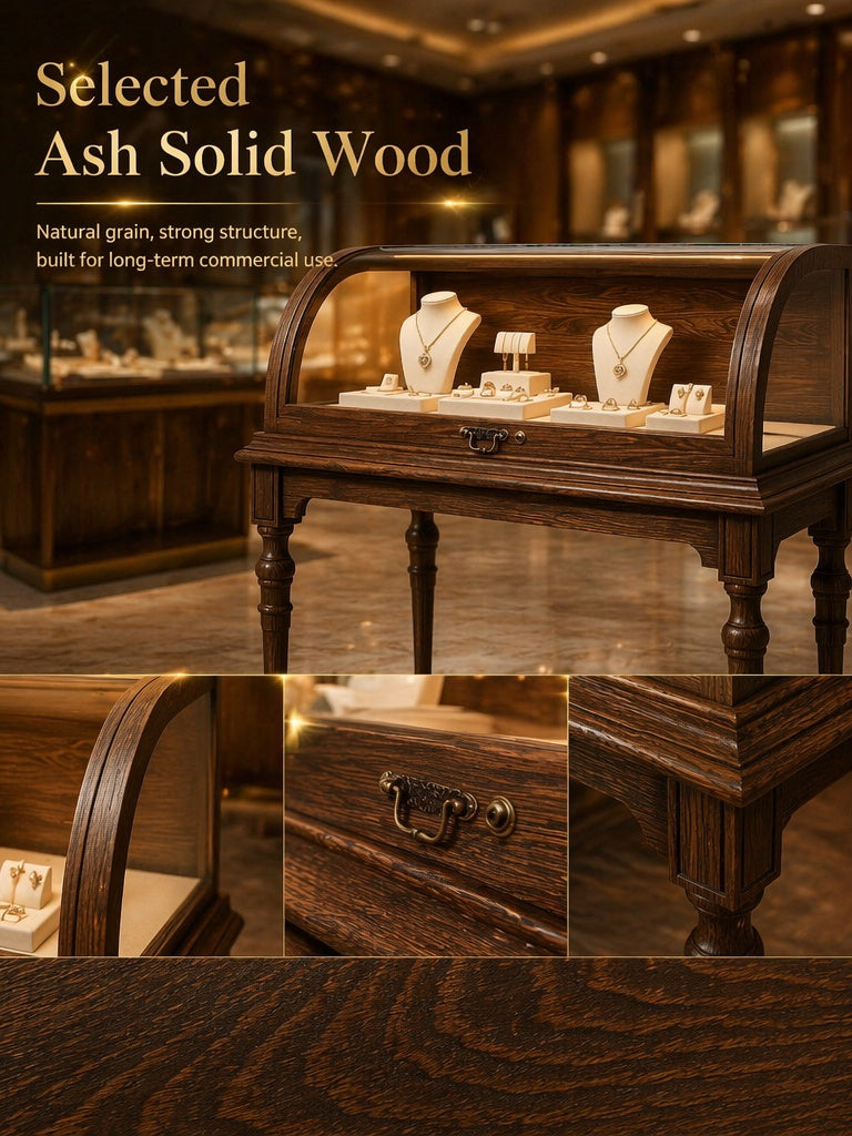 Lighted Wood Jewelry Display Case, Glass Curved Retail Showcase, Antique Store Fixture Cabinet