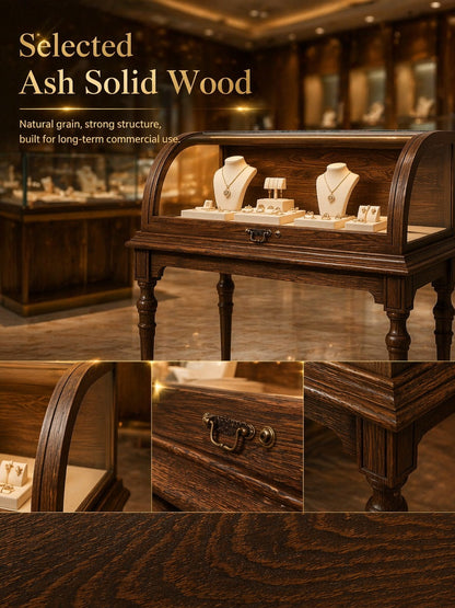 Lighted Wood Jewelry Display Case, Glass Curved Retail Showcase, Antique Store Fixture Cabinet