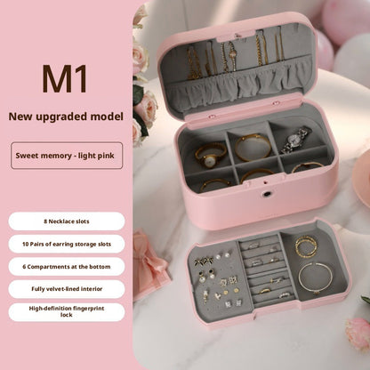 Fingerprint Lock Pink Jewelry Box, Biometric Safe Organizer Case, Smart Storage, Gift for Her