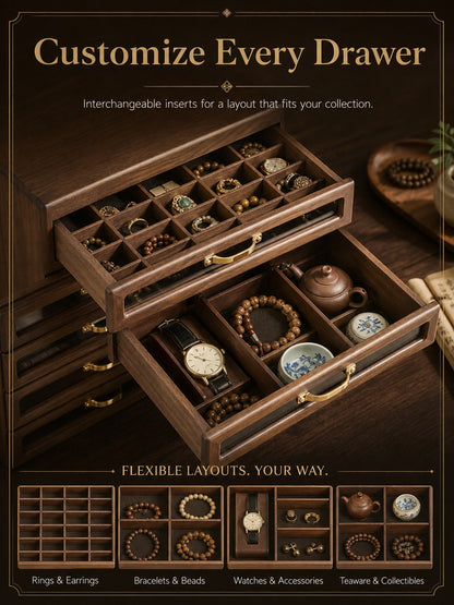 Solid Walnut Wood Jewelry Box, Multi-Drawer Display Case, Elegant Storage Organizer