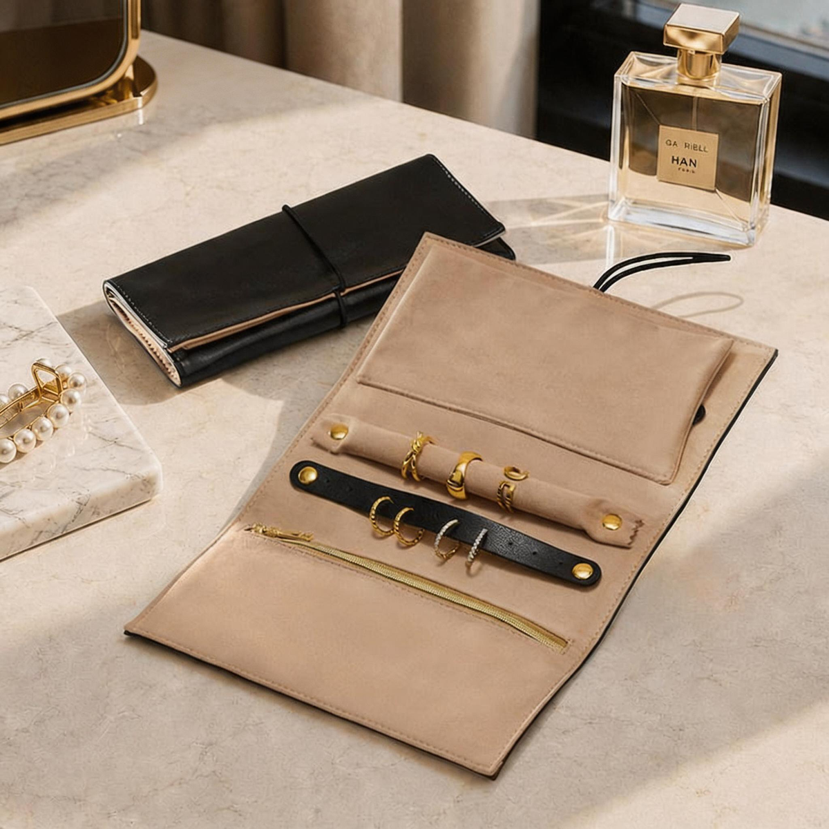 Leather Travel Jewelry Organizer with Ring Holder for Necklaces and Earrings