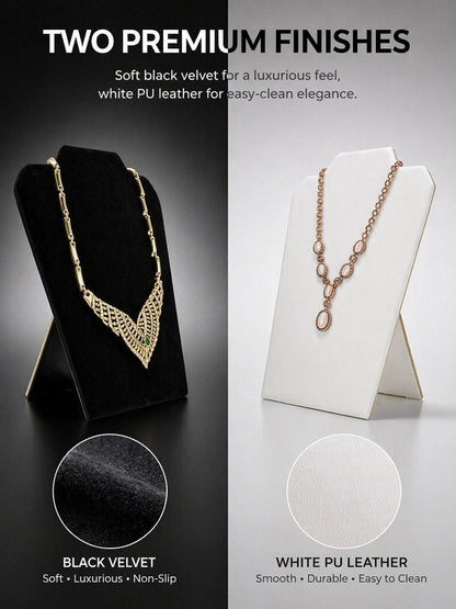 Folding Necklace Display Stand, Black Velvet, White Faux Leather Easel (3-Piece Set)