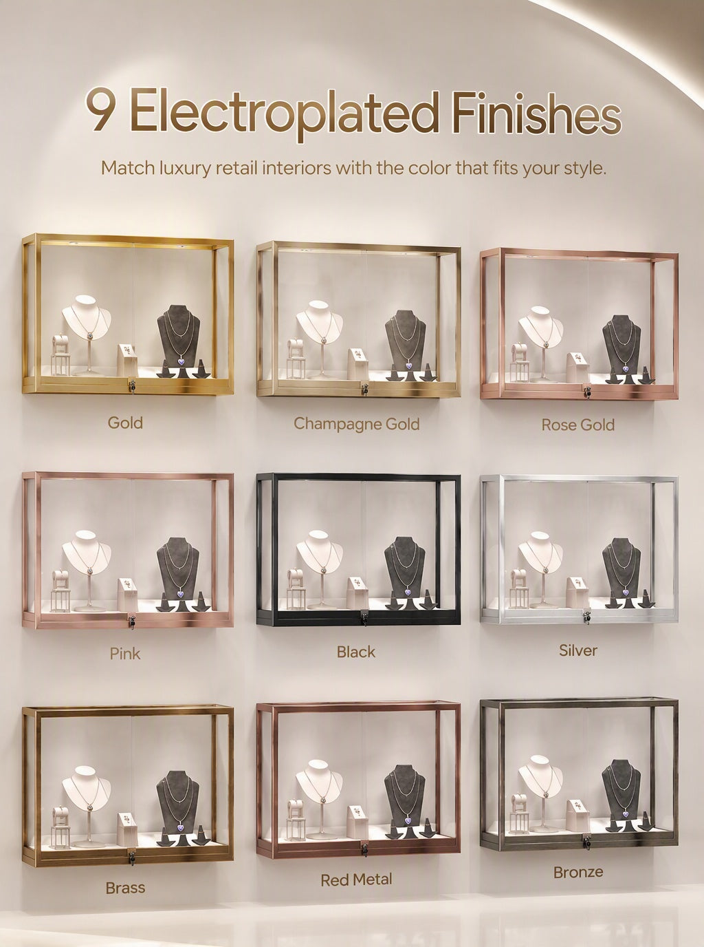 Luxury Wall Mounted Jewelry Display Cabinet, Stainless Steel Frame, Tempered Glass Showcase, Lockable Organizer