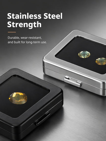 Metal Gemstone Display Box for Loose Stones, Silver-Plated Storage, Self-Locking Snap, Glass Top