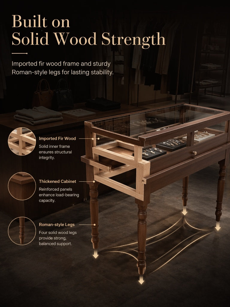 Solid Wood Jewelry Showcase – Vintage Style Display Cabinet with LED Lighting