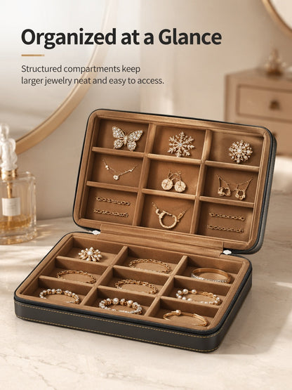 Black PU Leather Jewelry Organizer, Zippered Travel Case, Velvet Insert (Ring, Pendant Styles)