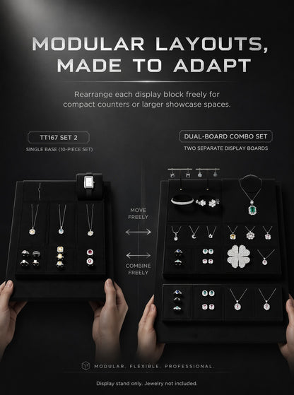 5pcs Black Suede Jewelry Display Stand Set, Modular Necklace Ring Organizer Trays
